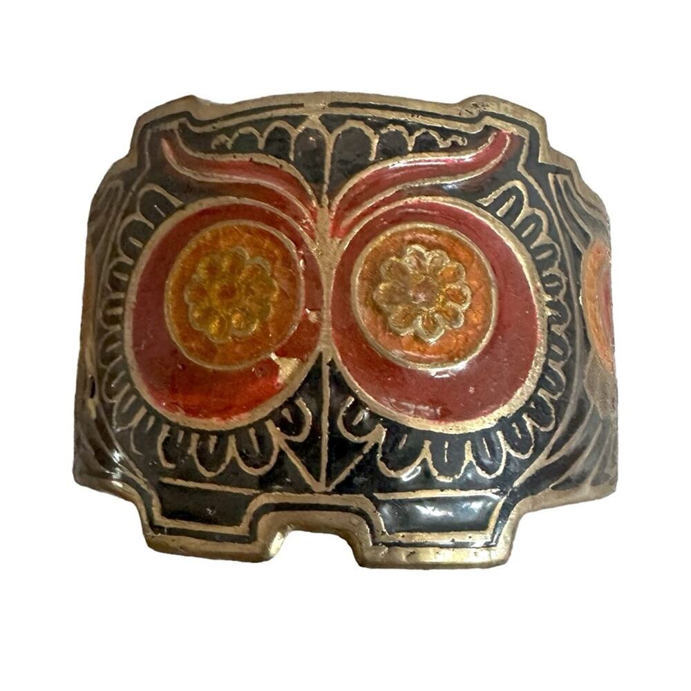 Vintage Brass Owl Cuff Bracelet Enamel India  * flaws 60s 70s 80s